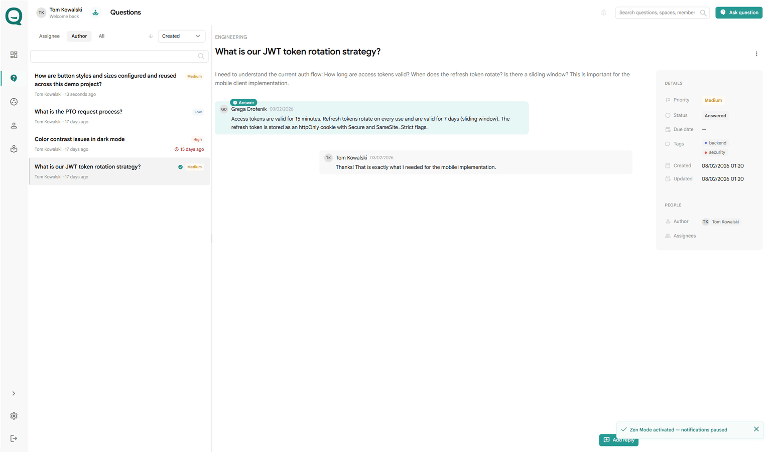 quietQ queue preview showing question, owner, status, and accepted answer